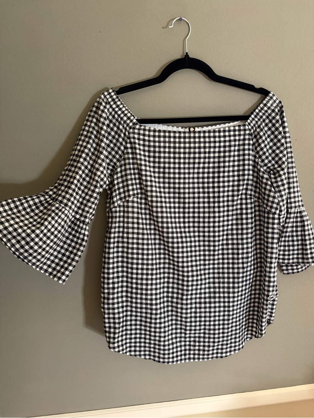 WHBM Blouse White House Black Market Gingham Square Neck Bell Sleeve Cottagecore